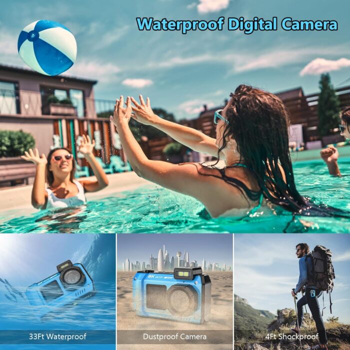 UHD 8K Underwater Camera, 70MP 33FT WiFi Waterproof Digital Camera with 64GB Card, Auto Focus Waterproof Dual-Screen Selfie 2500mAh Battery, 18X Floatable Digital for Snorkeling, Blue - Image 4