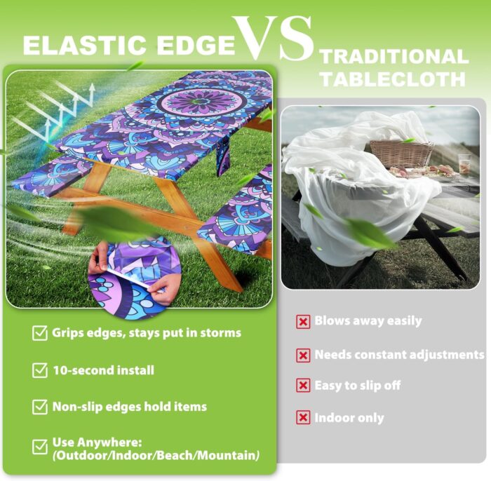 Fitted Picnic Table Cover with Bench Covers Vinyl Waterproof Elastic Edges Fitted Rectangle Tables Patio Tablecloth Camping Gear and Essentials Rv Accessories Road Trip Supplies Car Travel Must Haves - Image 5
