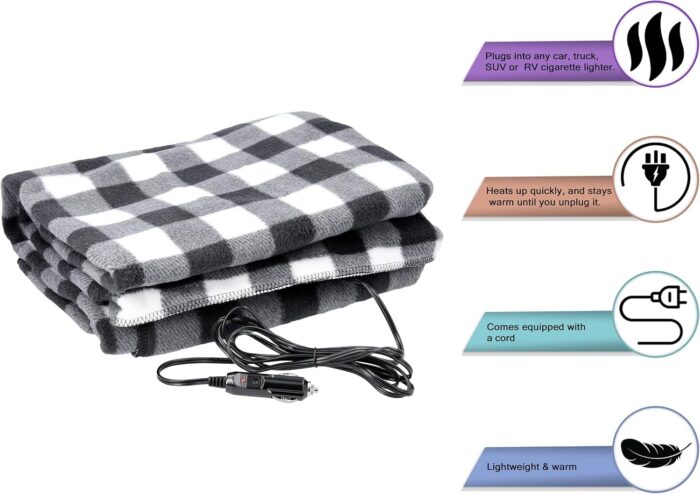 Heated Car Blanket - 12-Volt Electric Blanket for Car, Truck, SUV, or RV - Portable Heated Throw - Camping Essentials by Stalwart (Black Plaid) - Image 3