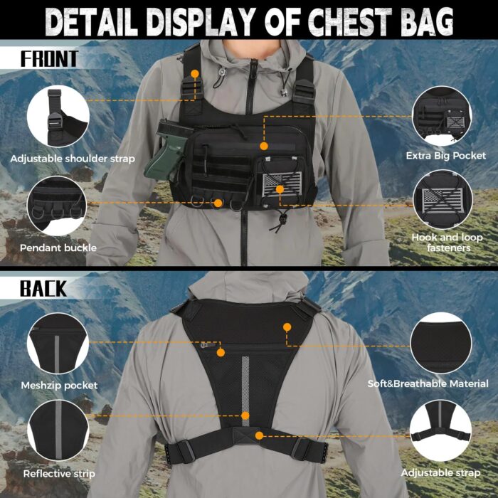 Outdoor Sports Chest Bag for Men, Chest Vest Holster Fits Most Pistols, EDC Travel Chest Pack for Running, Hiking - Image 6