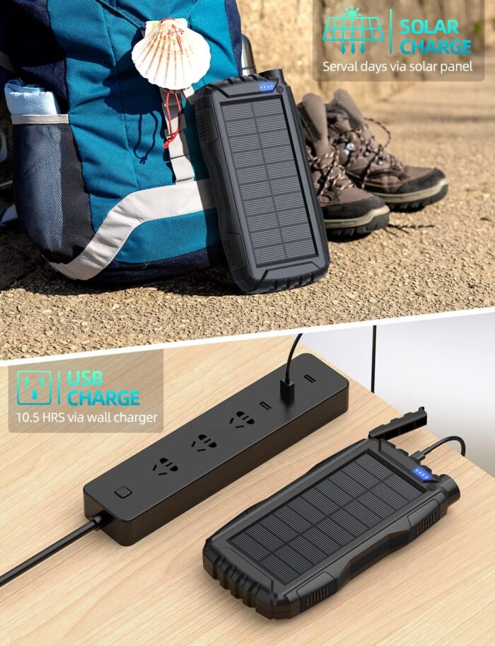 Power-Bank-Solar-Charger - 42800mAh Portable Charger,Solar Power Bank,External Battery Pack 5V3.1A Qc 3.0 Fast Charger Built-in Super Bright Flashlight (Deep Black) - Image 5