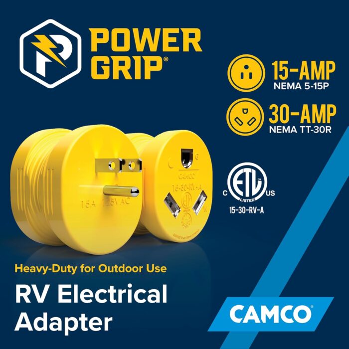 Camco PowerGrip Camper/RV Adapter - Features a 15-Amp Male (NEMA 5-15P) & 30-Amp Female (NEMA TT-30R) Connection - Rated for 125V/1875W (55223) - Image 2