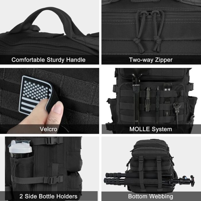 50L Military Tactical Backpack Large Day Backpack for Men Molle Army 3 Days Assault Pack Bug Out Bag Water Resistant and Heavy Duty Hiking Treeking Rucksack - Black - Image 5