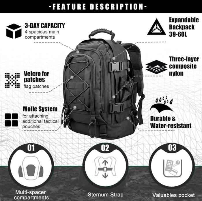 Tactical Backpack Military Army Daypack - Assault Pack for Men Molle Backpacks Bug Out Bag 3 Day Pack for Hiking Camping Travel Hunting Rucksack Trekking Black - Image 4