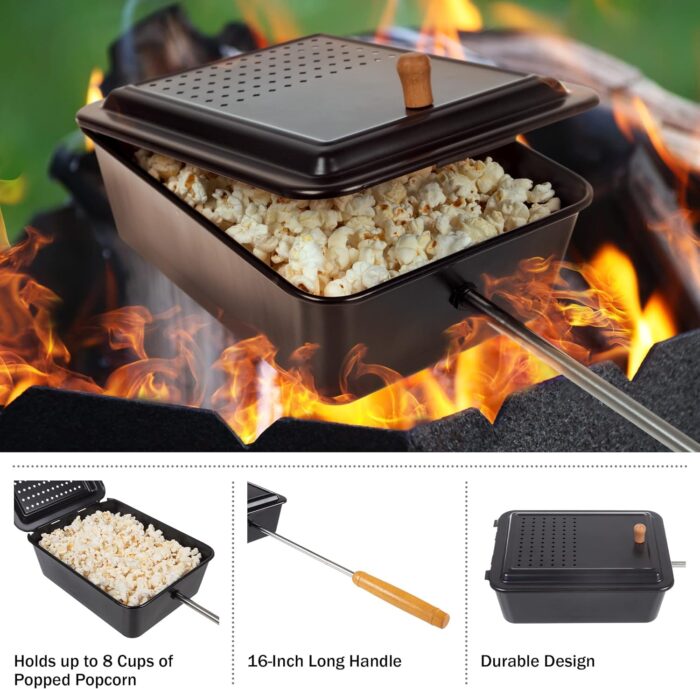 Campfire Popcorn Popper - Old Fashioned Popcorn Maker with Nonstick Finish and Extended Handle - Camping Gear and Campfire Cooking Equipment by Great Northern Popcorn (Black) - Image 4