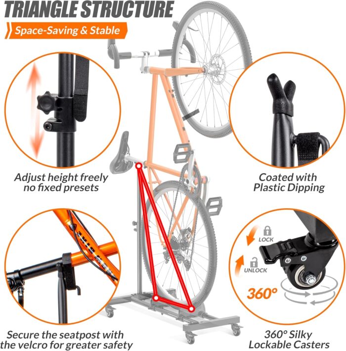 Vertical Bike Stand, Freestanding Indoor Bike Storage Rack Upright Bicycle Floor Stand Indoor Bike Holder with Adjustable Height for Garage & Apartment - for Wheels Sizes up to 29” - Image 4