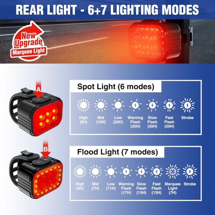 WORKPRO Bike Lights Set [8+13 Modes], Rechargeable Bicycle Light Set Ultra Bright, IP65 Waterproof Bike Lights for Night Riding, 1200mAh Bike Headlight and Tail Light Reflectors - Image 3