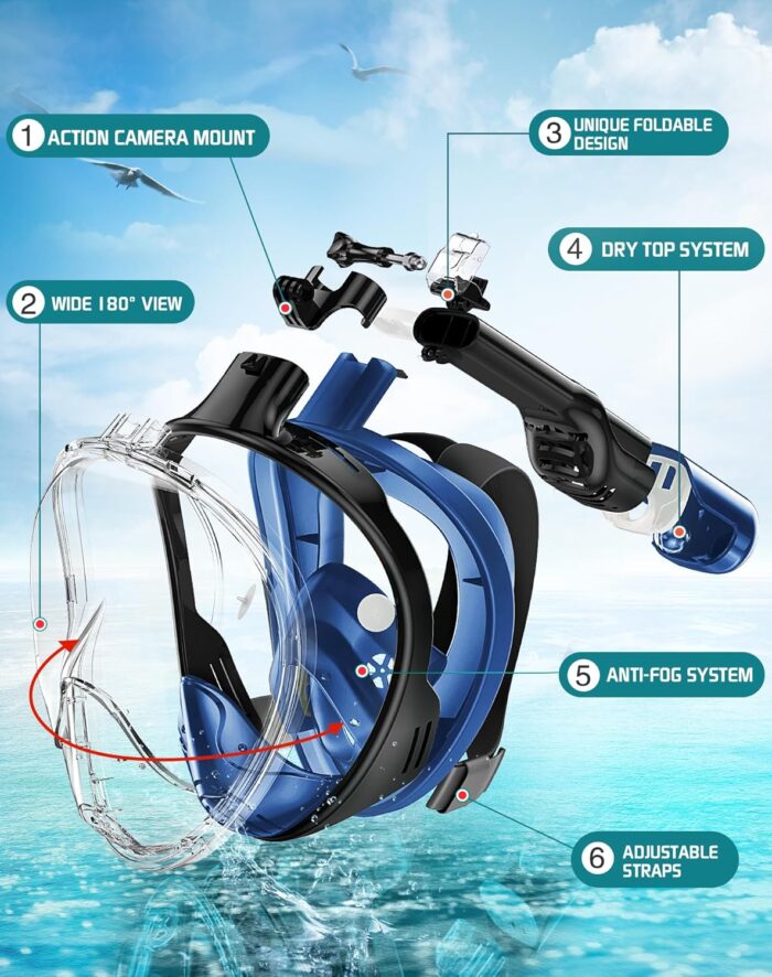 Greatever Full Face Snorkel Mask, Snorkeling Gear for Adults with Latest Dry Top Breathing System and Detachable Camera Mount, Foldable Snorkel Mask Adult, Snorkels Anti-Fog & Anti-Leak - Image 2