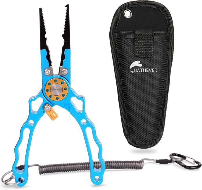 Fishing Pliers Saltwater, Split Ring Pliers Hook Remover with Safety Lock, Fishing Tools with Sheath and Lanyard, Fishing Gifts for Men