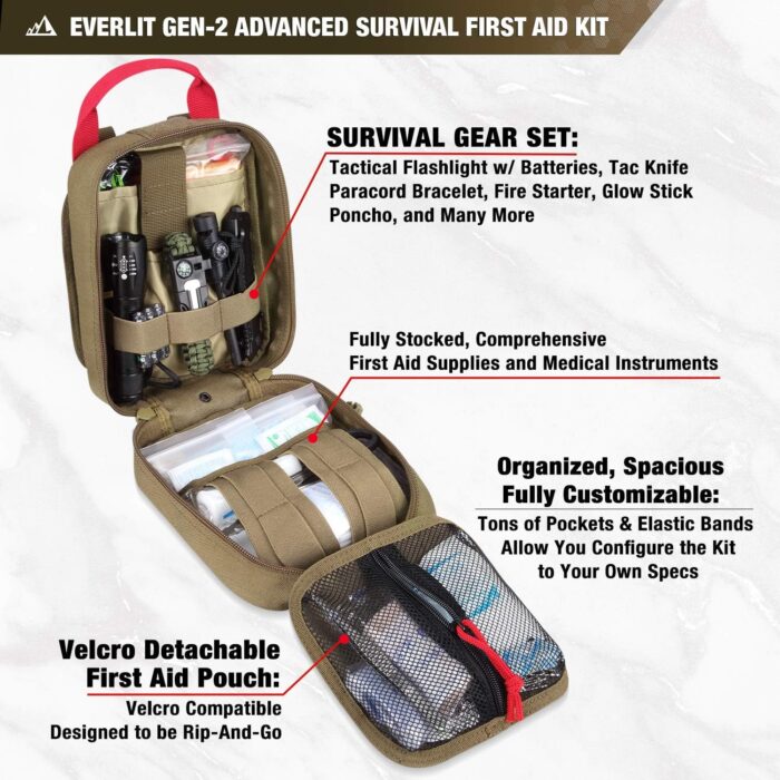 Everlit Survival Upgraded Survival First Aid Kit Emergency Gear Trauma Kit with 1000D Nylon Laser Cut Tactical EMT Pouch for Outdoor, Camping, Hunting, Hiking, Earthquake, Home, Office - Image 2