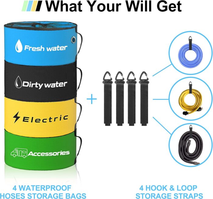 RV Storage and Organization Bag 4 Pack Camper Waterproof RV Accessories Storage and Organizer Bags for Sewer Hoses, Fresh & Waste Water Hoses, Electrical Cords (black/blue/yellow/green) - Image 7