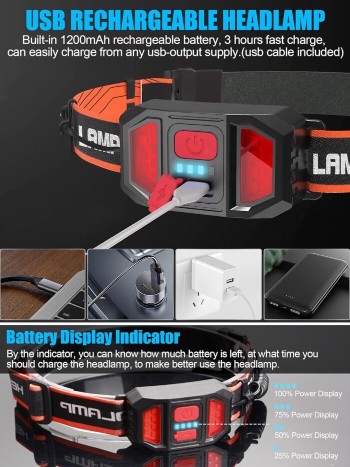LED Headlamp Flashlight, 1000lumens 230° Broadbeam Headlight, USB Rechargeable Head Lamp with Red Taillight, Lightweight Waterproof Headlamps for Camping Running Hiking, Hard Hat Headlamp - Image 4