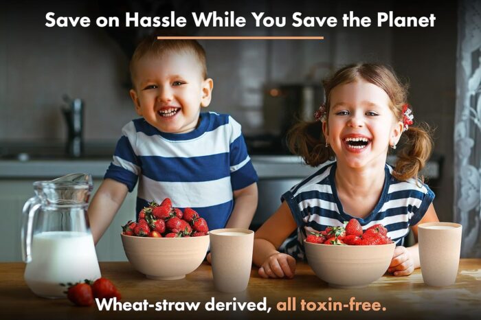 FOODLE Wheat Straw Dinnerware Set - BPA Free & Safety Tested - Unbreakable, Microwave & Dishwasher Safe Dishes - Picnic, RV, Dorm, Camping Plates Cups and Bowls - Great for Kids & Adults - For 4 - Image 6