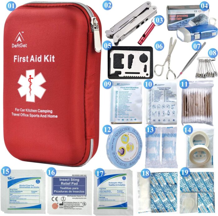deftget 163 Pieces First Aid Kit Waterproof IFAK Molle System Portable Essential Injuries Medical Emergency Equipment Survival Kits for Car Kitchen Camping Travel Office Sports Home Ligth Red - Image 2