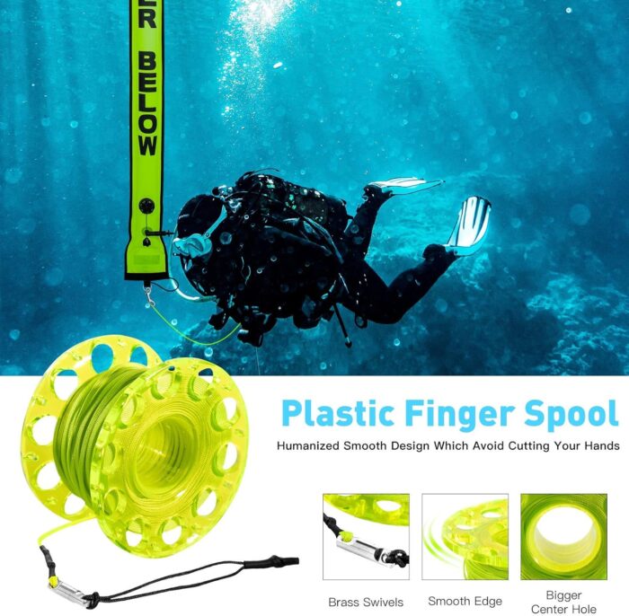 5ft Scuba Diving Surface Marker Buoy (SMB), Safety Sausage with Plastic 98ft Finger Spool Reel and Double Ended Hook Clip + Emergency Whistle for Underwater Diving - Image 3