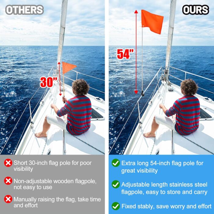 Orange Boat Flag with 53" Adjustable Pole - 12” x 18” Water Ski Flag with Stable Holder, Boat Safety Accessories for Watersports Wakeboarding - Image 2