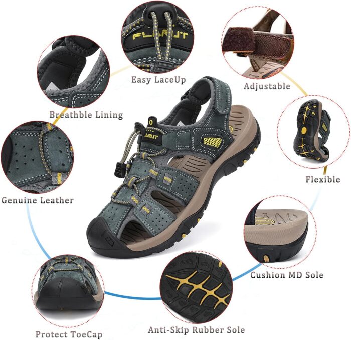 FLARUT Men's Sport Sandals Outdoor Hiking Sandals Closed Toe Leather Athletic Lightweight Trail Walking Casual Sandals Water Shoes - Image 2