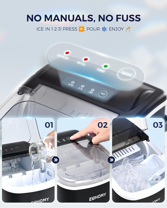 EUHOMY Countertop Ice Maker Machine with Handle, 26lbs in 24Hrs, 9 Ice Cubes Ready in 6 Mins, Auto-Cleaning Portable Ice Maker with Basket and Scoop, for Home/Kitchen/Camping/RV. (Black) - Image 6
