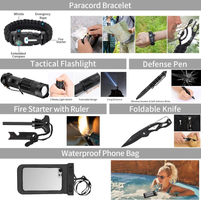 Emergency Survival Kit, Camping First Aid Survival Kit with Molle Pouch for Earthquake Preparedness Outdoor Adventure, Black - Image 6