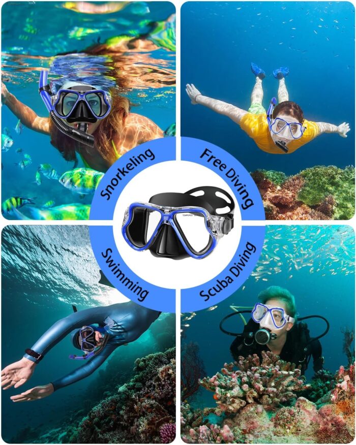 Snorkeling Gear for Adults Kids, Dry Snorkeling Set, Panoramic Anti-Leak and Anti-Fog Tempered Glass Lens, Adjustable Strap Snorkel Set with Mesh Bag Ear Plug for Snorkeling Scuba Diving Travel - Image 5