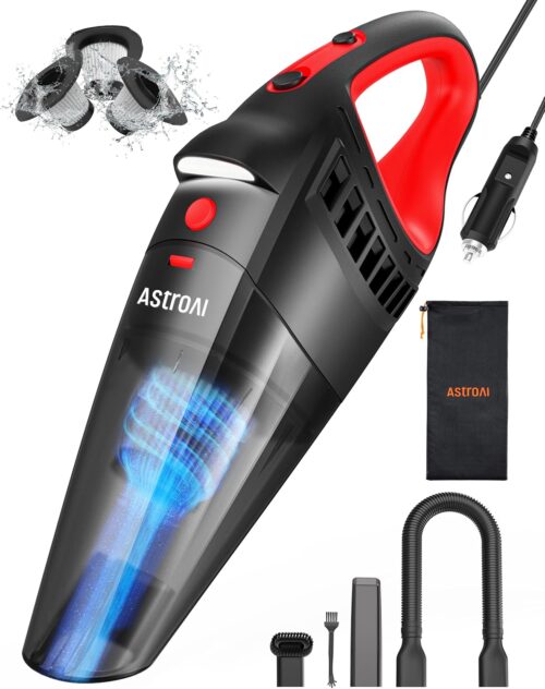AstroAI Title Car Vacuum Cleaner, Portable Handheld Vacuum and Car Accessories, 16.4 Ft Cord-12V Power, LED Light, w/3 Attachments，Auto Accessories Kit for Interior Detailing for Quick Cleaning (Red)
