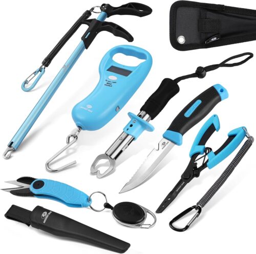 Mossy Oak Fishing Tools Kit - Plier, Fillet Knife, Lip Gripper, Hook Remover, Digital Scale, Line Snip, Fly Retractor, With Sheath Lanyard - Gifts for Men