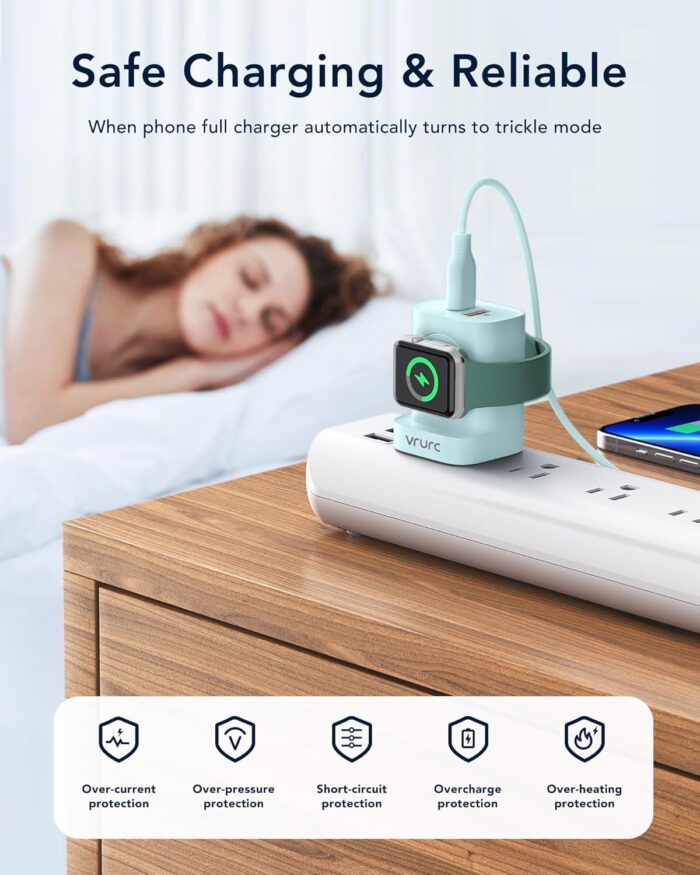 VRURC for Apple Watch Charger, Wireless Magnetic Portable iWatch Charger, PD 20W 3-in-1 Travel Essentials Fast Charging Block for iWatch Ultra/SE/10/9/8/7/6/5/4/3/2, iPhone 16/15/14/13,Android-Green - Image 6