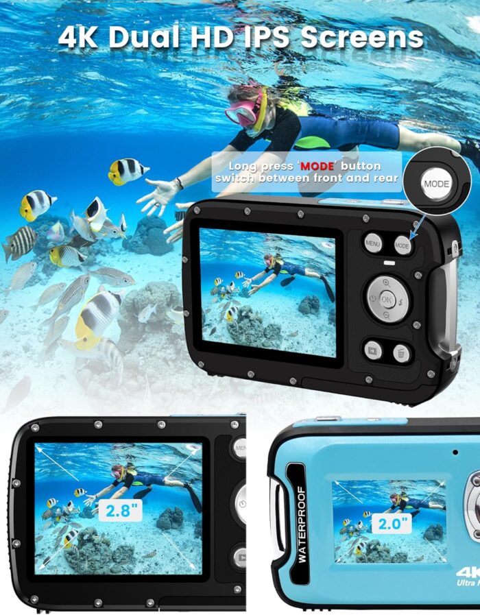 Underwater Camera 4K 48MP Autofocus Selfie Dual Screen Waterproof Camera with Floating Strap and 32GB Card, 17FT Compact Waterproof Digital Camera, Fill Light Underwater Camera for Snorkeling - Image 5