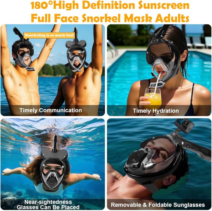 Snorkeling Gear for Adults, Full Face Snorkel Mask Adults with Camera Mount, Snorkel Mask for Glasses Wearers Check Valve Air Inlet Breathe Better, Panoramic View Snorkel Set - Image 2