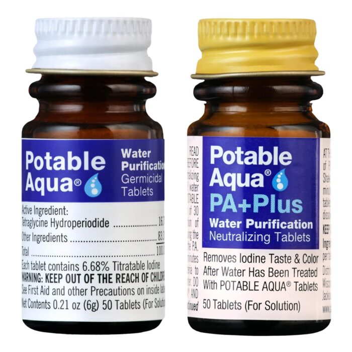 Potable Aqua Water Purification Tablets with PA Plus, Portable and Effective Solution for Camping, Hiking, Emergencies, Natural Disasters and International Travel, Two 50ct Bottles
