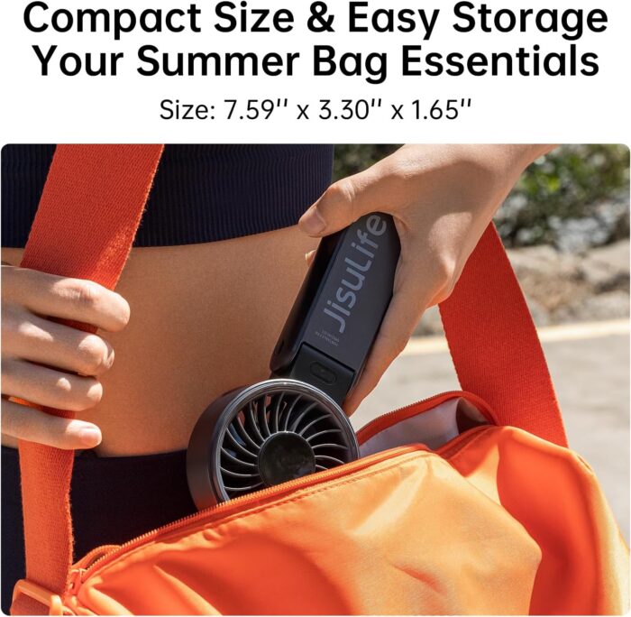 JISULIFE Handheld Fan Life7 – Ultimate Flexibility: High-Power Motor, LED Display, 19.5 Hrs Cooling, 5000mAh Rechargeable, 5-Speed, Foldable Design, 3-IN-1 Portable Fan for Travel Cruise Beach(Black) - Image 8