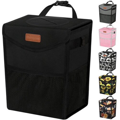 Car Trash Can with Lid, Cute Leakproof Car Trash Garbage Bag Hanging Vehicle Trash Bin Small Portable Automotive Garbage Cans Organizer for Back/Front Seat/Console(Trapezoid,Black)