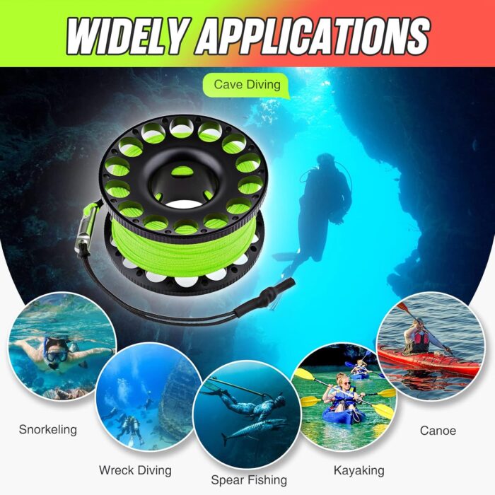 Scuba Diving Reel, Aluminum Alloy Wreck Cave Finger Spool with 30m/100ft High Visibility Line and Double-Ended Bolt Snap Clip Fits for Outdoor Diving Activities Fluorescent Green - Image 4