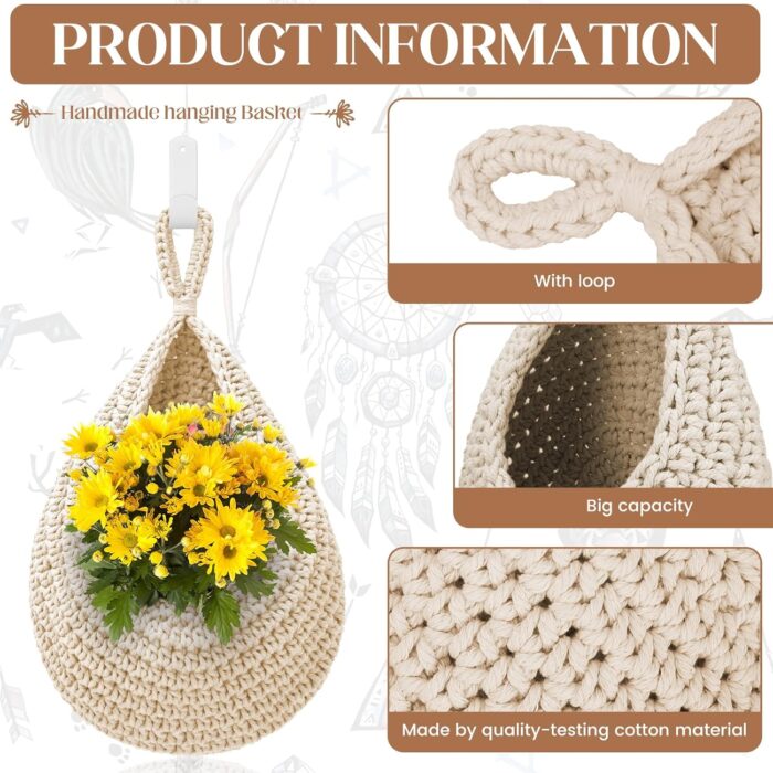 Hanging Fruit Baskets for Kitchen - 3 Pack Boho Wall Hanging Basket with 6 Pcs Strong Hooks, Handwoven Onion Storage Teardrop Home Onion Basket for Fruits Vegetable Potato Kitchen Storage (White) - Image 3