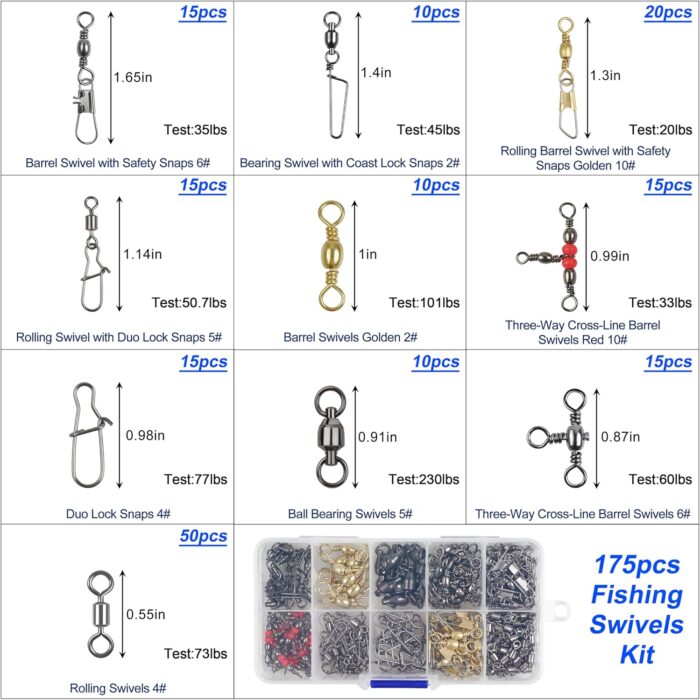 175pcs Fishing Swivels Snaps Kit - Ball Bearing Barrel Swivel 3 Way Swivels Fishing Tackle Line Connector Terminal Accessories Tackle Box for Lures Sinkers - Image 2