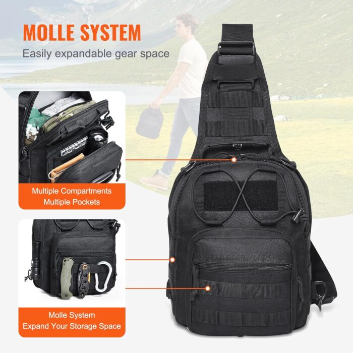VEVOR Tactical Sling Bag, 10L Military Tactical Shoulder Bag with Molle Design and Waterproof Tactical Backpack, Tactical Shoulder Bag for Men, Caping, Hiking, Hunting and Every Day Carry, Black - Image 5