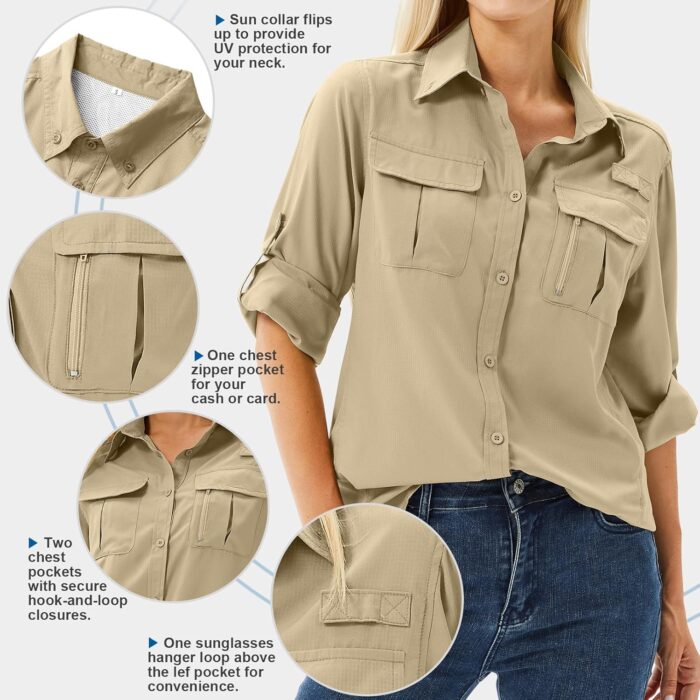 Women's UPF 50 Long Sleeve UV Sun Protection Safari Shirts Outdoor Quick Dry Fishing Hiking Travel Shirts - Image 3