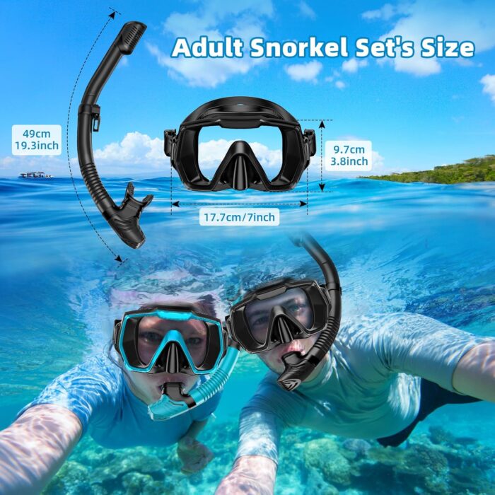 Snorkel Set Adults Snorkeling Gear Anti-Leak and Anti-Fog Tempered Glass Lens Panoramic View Swim Mask Dry Top Snorkel Kit for Snorkeling Scuba Diving Swimming Travel with Carry Bag - Image 2