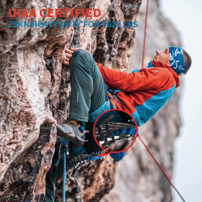 25KN Auto Locking Carabiner - UIAA Certified Heavy Duty Climbing Carabiners for Rock Climbing, Camping, Rappelling, Hunting, Rescue Equipment - Professional Carabiner Clips (Black) - Image 6