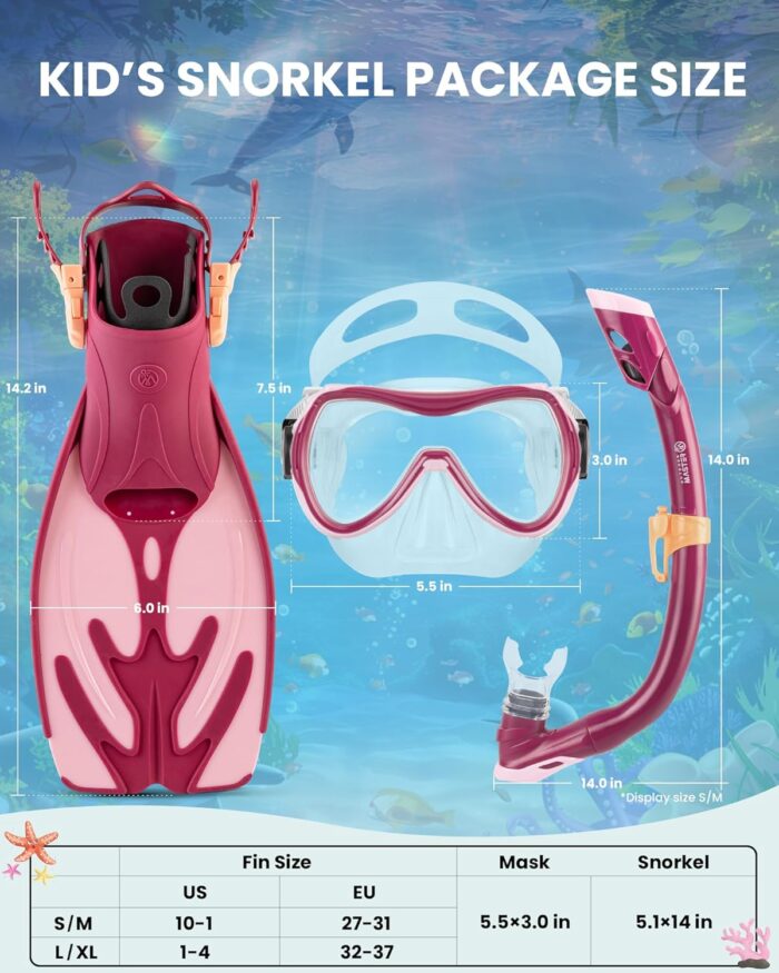 OutdoorMaster Marlin Kids Mask Fins Snorkel Set, Dry Top Snorkeling Gear with Adjustable Fins, Anti-Fog Snorkel Mask Set for Boys and Girls Age 6-16 - Image 4