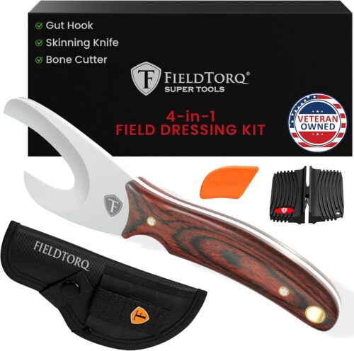 Field Dressing Kit | 4-in-1 Super Tool with Sheath & Sharpener | Skinning Knife for Hunting | Gut Hook | Deer Hunting Knife Set | Pakkawood