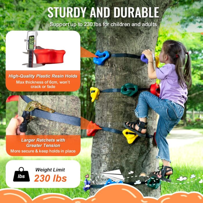 VEVOR Ninja Tree Climbing Kit, 12 Tree Climbing Holds and 6 Ratchet Straps, Large Climbing Rocks for Kids and Adults Climber, and Shapes, for Outdoor Ninja Warrior Obstacle Training - Image 5