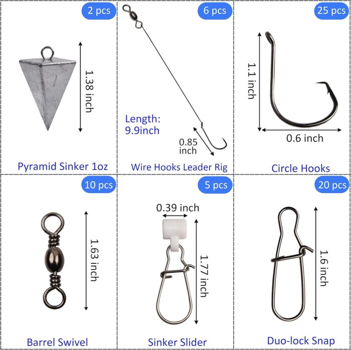 Saltwater Surf Fishing Tackle Kit - 98pcs Surf Fishing Rig Fish Finder Rig Live Bait Rigs Include Pyramid Weights Fishing Hooks Sinker Slider Fishing Swivel for Saltwater Fishing Accessories - Image 2