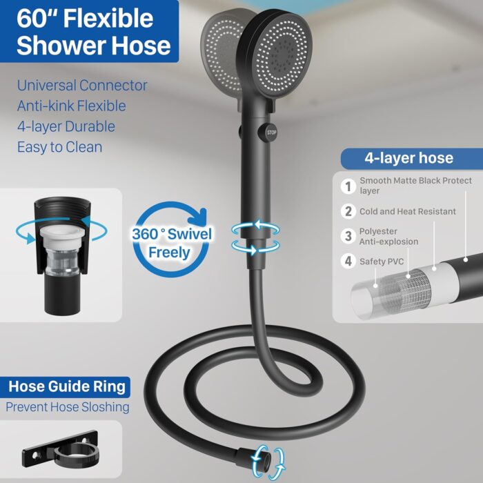 RV Shower Head with Hose, High Pressure Shower Head with Handheld On Off Switch, Travel Trailer, Motorhome and Boat and Camper Must Have RV Accessories Replacement Part, Matte Black - Image 7