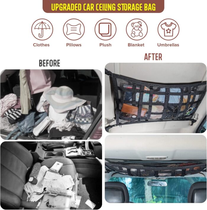 Car Ceiling Cargo Net Pocket Storage Net,29.5"x19.7" Adjustable D-Buckle to Reduce Sagging Roof Storage Organizer,Double-Layer Mesh SUV for SUVs,Road Trips,Car Camping Essentials - Image 5