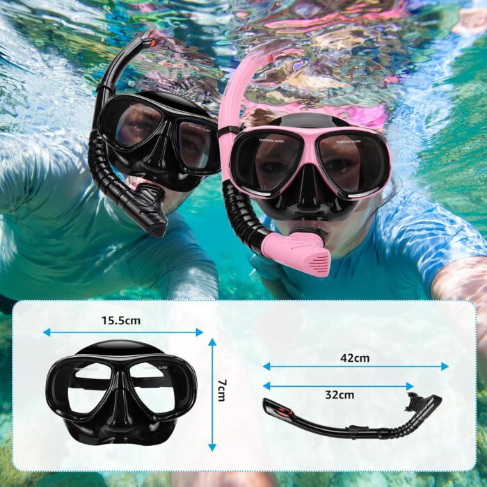 Snorkeling Gear for Adults, Snorkel Mask Adult Set Wide View Scuba Mask Anti-Leak and Anti-Fog Tempered Glass Lens Dry Top Mask Nose Cover for Youth (Black) - Image 6
