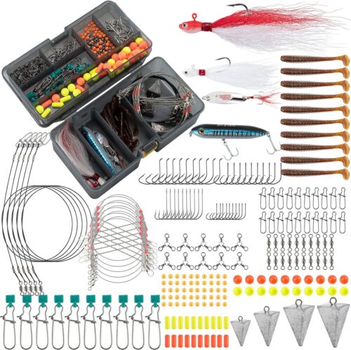Dr.Fish 269 Pieces Surf Fishing Tackle Box Kit, Saltwater Ocean Beach Fishing Gear Supplies, Lure&Rig Accessories, Bucktail Jigs Saltwater Lures Walking Bait Surf Casting Pyramid Sinkers