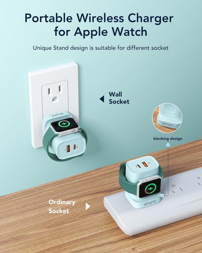 VRURC for Apple Watch Charger, Wireless Magnetic Portable iWatch Charger, PD 20W 3-in-1 Travel Essentials Fast Charging Block for iWatch Ultra/SE/10/9/8/7/6/5/4/3/2, iPhone 16/15/14/13,Android-Green - Image 3