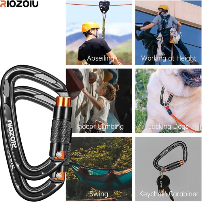 UIAA Certified Auto Locking Climbing Carabiner Clips 25KN Heavy Duty Large Locking Carabiner Clips for Rock/Ice Climbing Rappelling D Shaped 3.93 Inch, Large Size, Black - Image 5