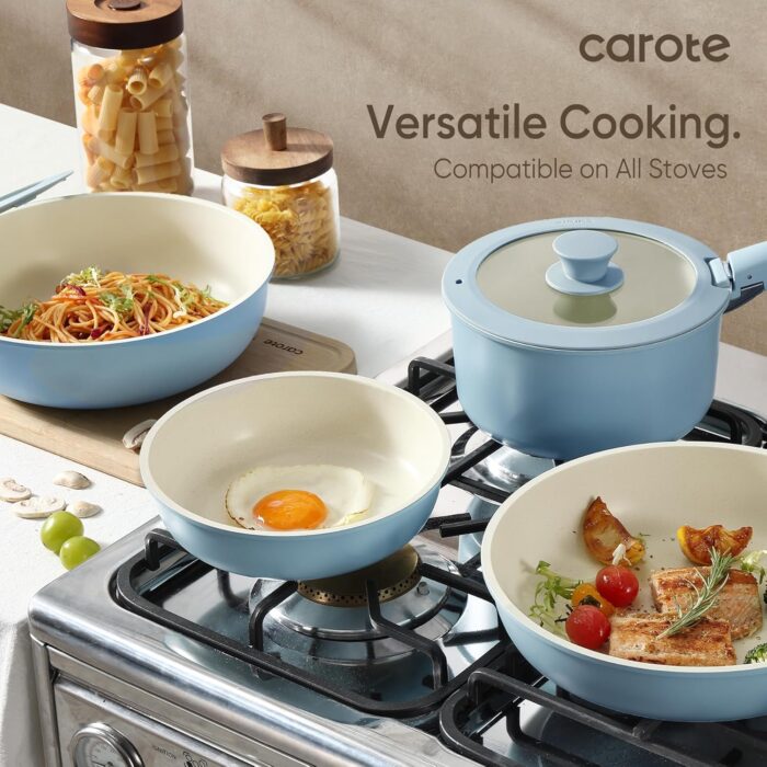 CAROTE Pots and Pans Set, Nonstick Cookware Set Detachable Handle, 15pcs Induction Kitchen Cookware Sets Non Stick with Removable Handle, RV Cookware Set, Oven Safe, Blue - Image 6